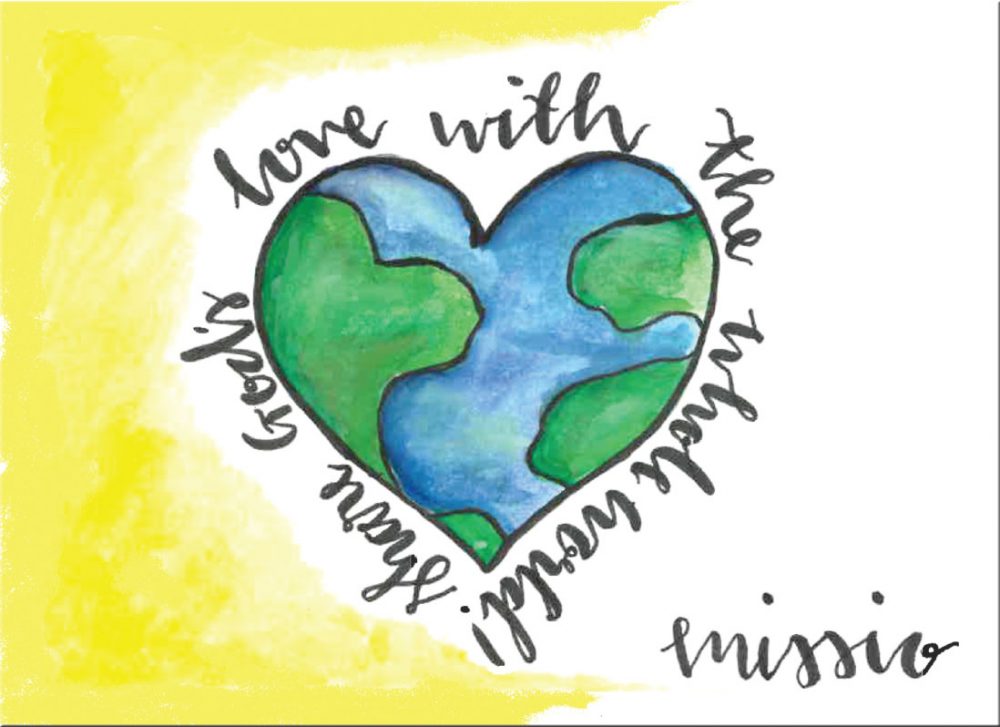 A heart shaped world with the inscription 'Share God's love with the whole world!' 