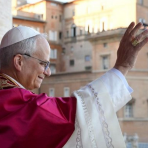 Pope Leo XIV appears on the balcony overlooking St Peters Square upon the announcement of his papacy
